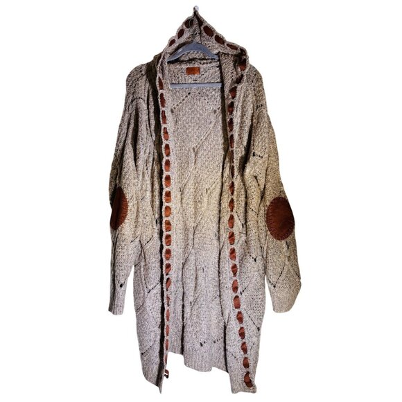 Pol M Cozy Cable Knit Hooded Long Cardigan Duster With Elbow Patches - Picture 10 of 10